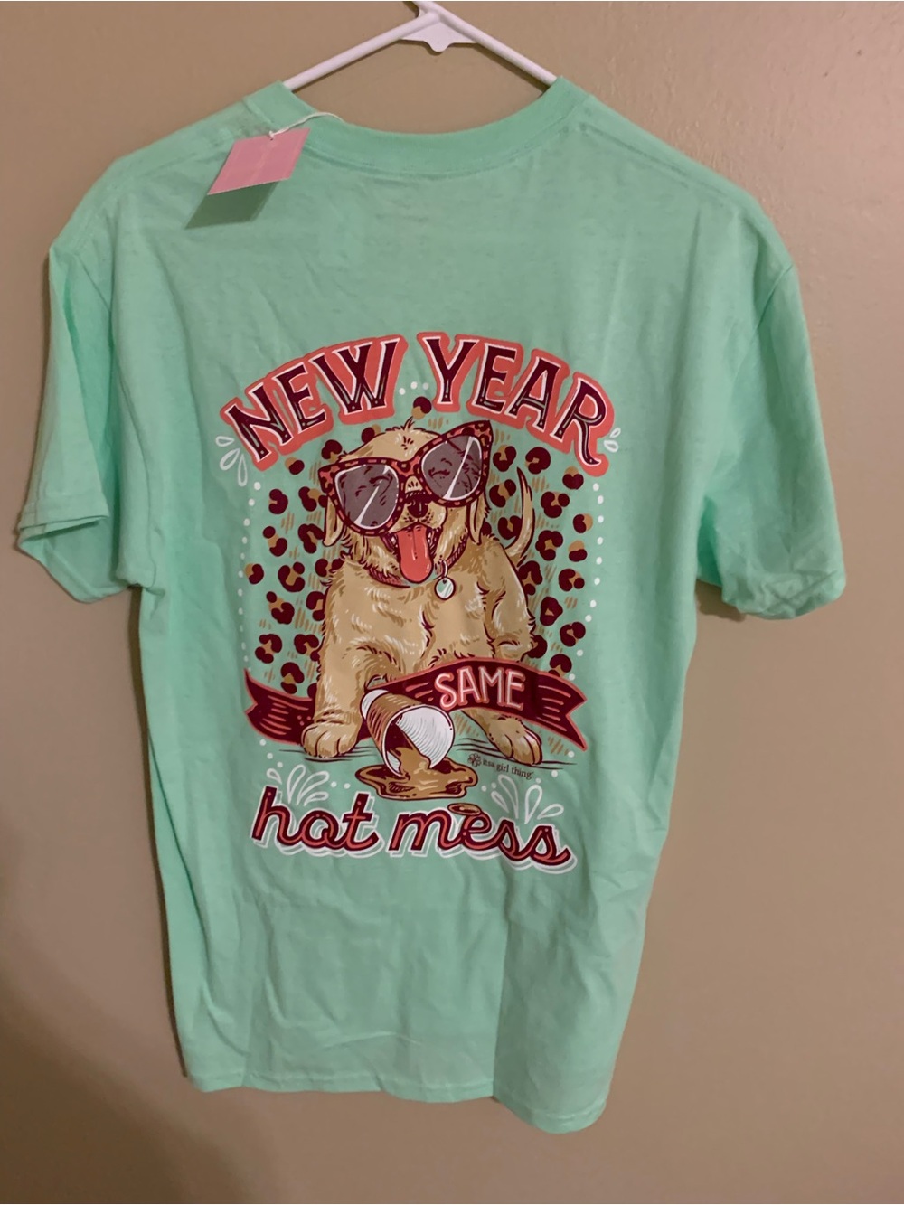 A Girl Thing Mint Short Sleeve Tee with Puppy New Year Graphic NWT Med size